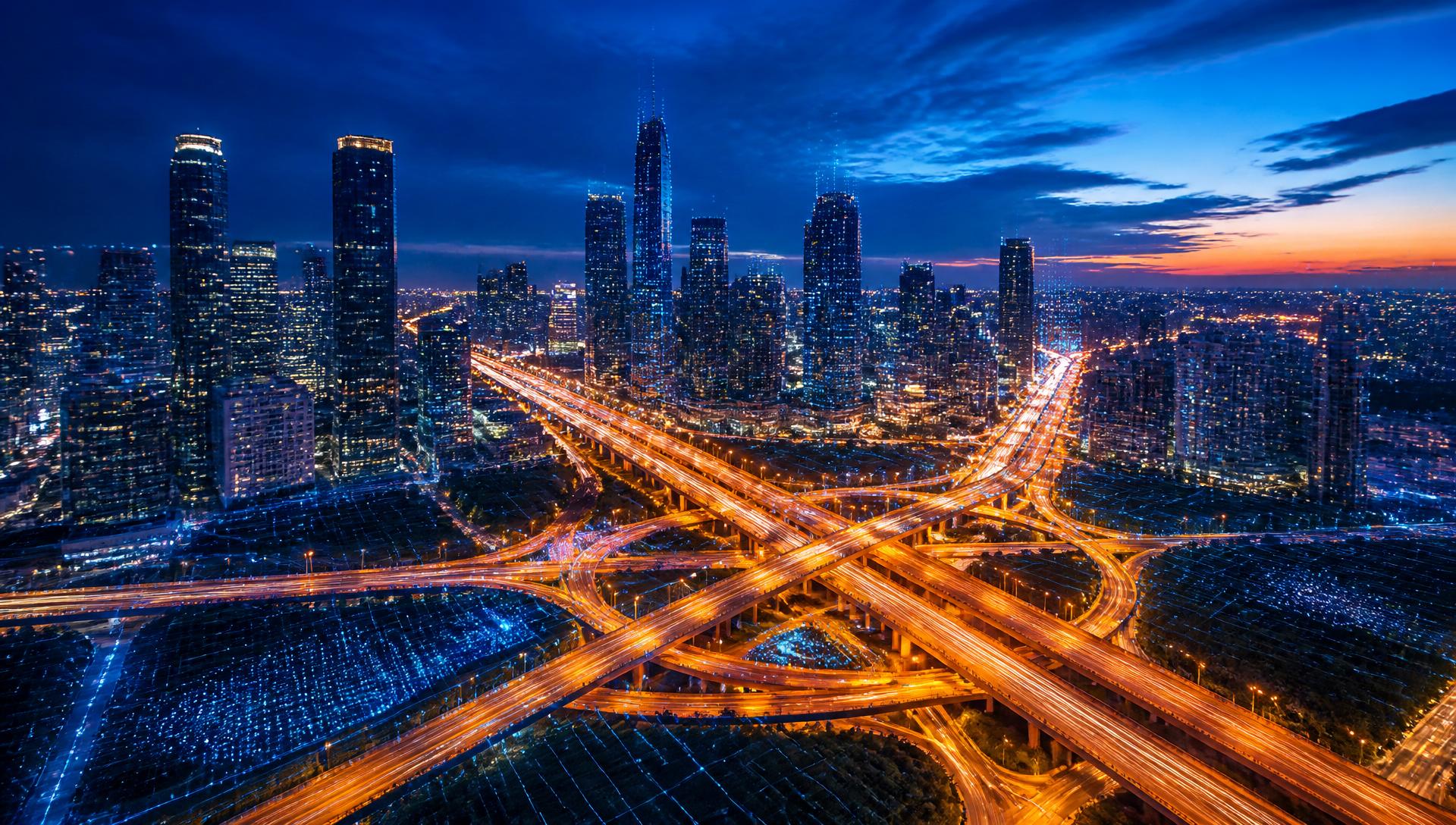 Aerial view of a modern city with highway networks and LiDAR data overlay
